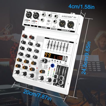 99개의 DSP 효과 및 48V 팬텀 파워가 있는 4채널 블루투스 오디오 믹서 | 7밴드 EQ, 헤드폰 모니터링, 팟캐스트, 라이브 스트리밍, 노래방, 홈 녹음, 기타, 베이스용 사운드 믹서 보드