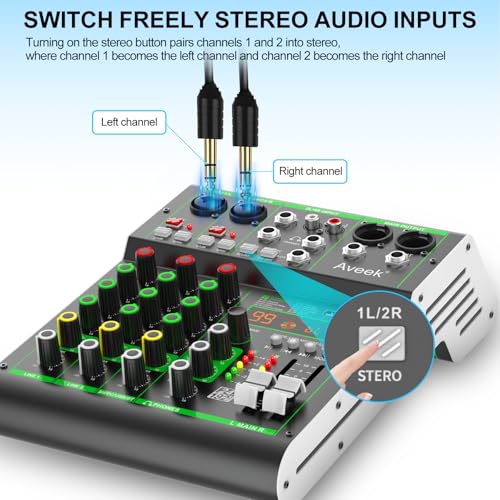 Aveek Audio Mixer, 4 Channel Mixer with Bluetooth and USB Recording | DJ Mixing Console with 99 DSP Effects, 48V Phantom Power, PC Recording Mixer for Karaoke, Studio, Podcast and Live Streaming