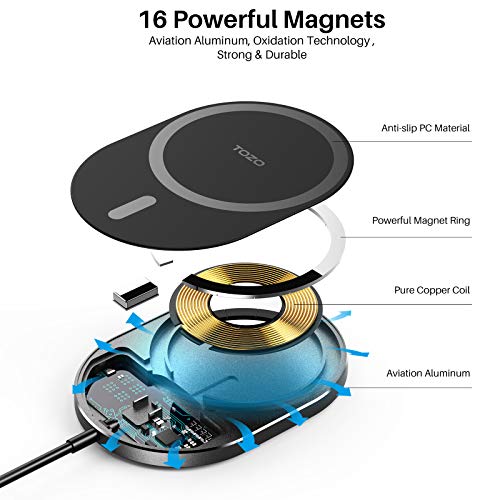 TOZO Upgraded W10 Magnets Wireless Charger, USB C Charging Station Aviation Aluminum Computer Numerical Control Fast Charging Pad Compatible for iPhone 17/16/15/15 Plus/15 Pro/15 Pro Max/14, Black