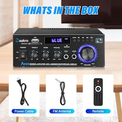 Daakro AK45 Stereo Audio Amplifier,300W Home 2 Channel Wireless Bluetooth 5.0 Power Amplifier System, Home Amplifiers FM Radio, USB, SD Card, with Remote Control Home Theater Audio Stereo System | 2 Channel Power Amplifier System, Home Amplifiers FM Radio