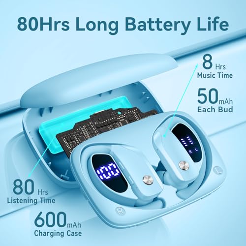 bmani Ear Buds Wireless Earbuds Bluetooth Headphones with 80H Playtime LED Display Case, Over-Ear Hook with Mic, Stereo Sound, Easy Button Controls, Sports Earphones for Running Workout Sky Blue - color: Sky Blue, style: Standard