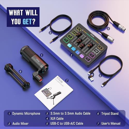 FIFINE Audio Equipment Bundle for Gaming Podcast, Streaming RGB Mixer Set with XLR Dynamic Vocal Microphone, Voice Recording Kit Set with Volume Fader, Individual Control, Mute, Monitoring-KS3