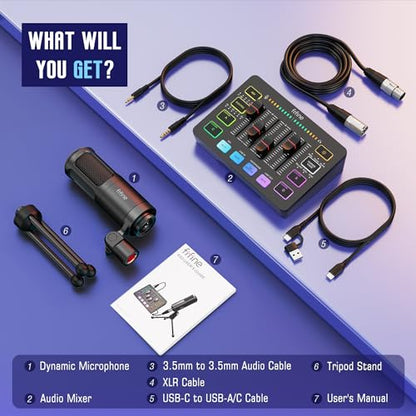 FIFINE Audio Equipment Bundle for Gaming Podcast, Streaming RGB Mixer Set with XLR Dynamic Vocal Microphone, Voice Recording Kit Set with Volume Fader, Individual Control, Mute, Monitoring-KS3