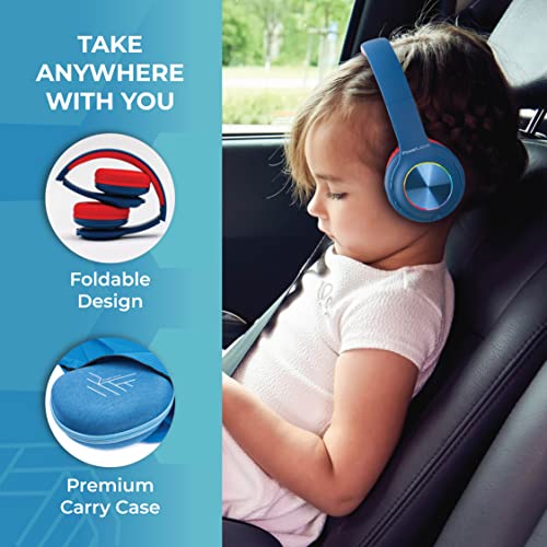 PowerLocus PLED Kids Bluetooth Headphones, Kids Wireless Headphones with LED Lights, 74/85/94dB Safe Volume, Micro SD, AUX Cable, Hi-Fi Stereo, Built-in Mic Over Ear Kid Headphone for Travel/Tablet/PC - color: Blue/Red