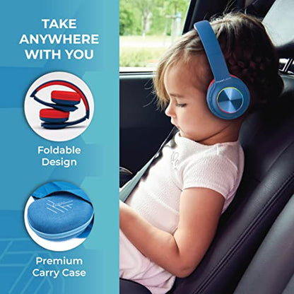 PowerLocus PLED Kids Bluetooth Headphones, Kids Wireless Headphones with LED Lights, 74/85/94dB Safe Volume, Micro SD, AUX Cable, Hi-Fi Stereo, Built-in Mic Over Ear Kid Headphone for Travel/Tablet/PC - color: Blue/Red