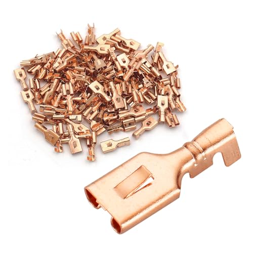 BAOMAIN 100pcs 4.8mm 0.187" Female Spade Connector Non-Insulated Terminals | Copper 0.187" Non-Insulated Female Connectors with Locking Tab for 18-16 AWG Wire,Ideal for Automotive & DIY Projects