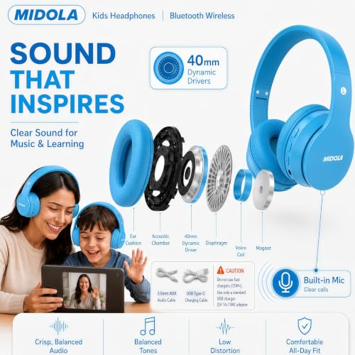 Kids Bluetooth Headphones Wireless 68 Hours,Safe Volume Limit 85/94dB Blue | Adjustable Headband Foldable Over-Ear Lightweight Headsets for Toddler Girls Boys Tablet/iPad,HD Stereo,Built-in Mic - color: Blue