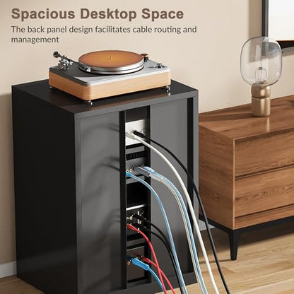 Metal Media Cabinet, 4-Tier Stereo Cabinet with Glass Doors & Adjustable Shelves, Audio AV Rack with Cable Management, Black - color: Black, style: FloorSeal
