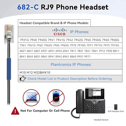 Wantek RJ9 Headset for Cisco IP Phones, Telephone Headset with Noise Canceling Microphone & Mute Button, Office Phone Headset Compatible with Cisco 6800 6900 7800 7900 8800 Series IP Phones - color: Dark gray
