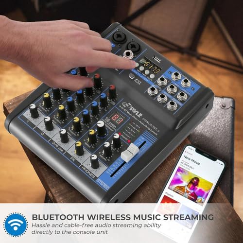 Pyle Professional Audio Mixer Sound Board Console System Interface 4 Channel Digital USB Bluetooth MP3 Computer Input 48V Phantom Power Stereo DJ Studio Streaming FX 16-Bit DSP Processor - PMXU43BT.5 - size: 4