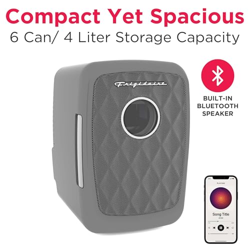 Frigidaire Mini Personal Fridge Cooler, 4L Capacity Chills Six 12 oz Cans, Portable & Compact, AC Plug & 12V Car Charger – GREY, BUILT IN BLUETOOTH SPEAKER - color: Grey