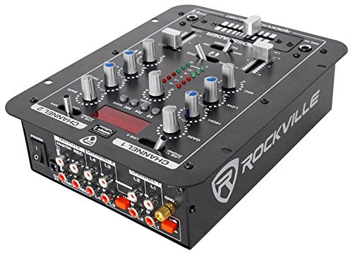 Rockville RDJ3BT 2 Channel DJ Mixer with USB, Bluetooth, Talkover, 4 Line Inputs | 4 RCA Line Inputs, USB MP3 Player, 1/4" Mic/Headphone Jacks, Cue Monitor, 3-Band EQ, Crossfader, Master/Rec Outputs - style: with bluetooth
