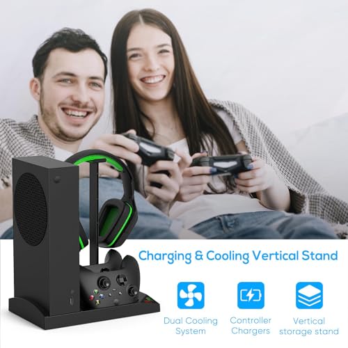 Cooling Fan with Charging Stand for Xbox Series S Console and Controller | Dual Charger Dock Accessories with 2 x 1400mAh Rechargeable Battery and Cover, Headphone Mount for Xbox Series S, Black - color: Black