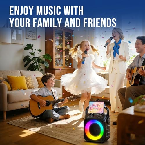 Karaoke Machine, Portable Bluetooth Speaker with 2 Wireless Mics for Adults & Kids with LED Lights, Bass/Treble Adjustment, PA System Supports USB/TF/FM/AUX/TWS for Party Home System Packages