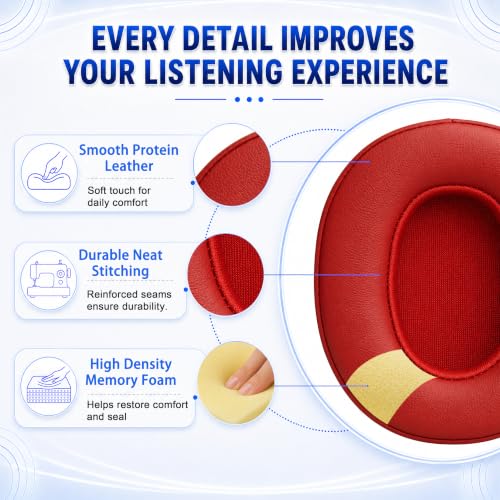 Replacement Ear Pads for Skullcandy Crusher Wireless ANC/Evo/540, Hesh3/ANC/Evo, Venue ANC Over-Ear Headphones, Protein Leather Cushions with Memory Foam, Red - color: Red