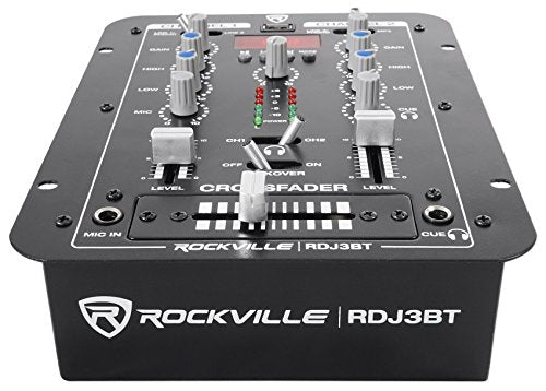 Rockville RDJ3BT 2 Channel DJ Mixer with USB, Bluetooth, Talkover, 4 Line Inputs | 4 RCA Line Inputs, USB MP3 Player, 1/4" Mic/Headphone Jacks, Cue Monitor, 3-Band EQ, Crossfader, Master/Rec Outputs - style: with bluetooth