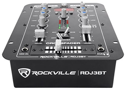 Rockville RDJ3BT 2 Channel DJ Mixer with USB, Bluetooth, Talkover, 4 Line Inputs | 4 RCA Line Inputs, USB MP3 Player, 1/4" Mic/Headphone Jacks, Cue Monitor, 3-Band EQ, Crossfader, Master/Rec Outputs - style: with bluetooth