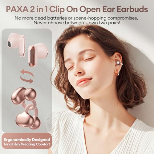 PAXA 2 in 1 Clip-on Earbuds Open Ear Headphones Bluetooth 6.0 Wireless Earbuds with in-Ear Earbuds, Ultra-long 140H Play, Auto L-R Recognition Touch Control for Work Fitness Daily Use Ctbuds Rose Gold - color: B-Rose Gold
