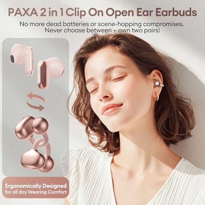 PAXA 2 in 1 Clip-on Earbuds Open Ear Headphones Bluetooth 6.0 Wireless Earbuds with in-Ear Earbuds, Ultra-long 140H Play, Auto L-R Recognition Touch Control for Work Fitness Daily Use Ctbuds Rose Gold - color: B-Rose Gold