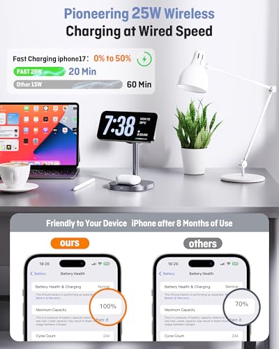 Augnner 3 in 1 Wireless Charging Station, 25W Certified Fast Magnetic Charger, Magnetic Wireless Charger Stand with TEC Active Cooling, for iPhone17/16/15/14/13/12, Apple Watch/AirPods