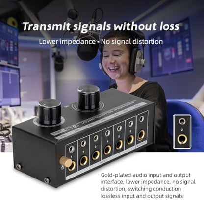 Audio Switcher -6-Way 3.5/6.35mm Stereo Audio Switch - Signal Source Switcher Selector Splitter Box with Line Controller, Black, 500735575