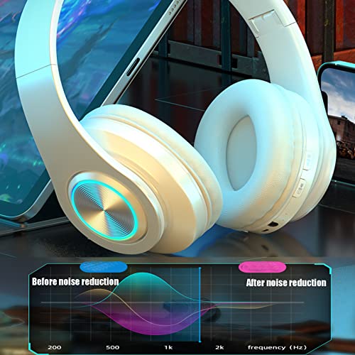 Over Ear Kids Bluetooth Headphones, Colorful LED Lights Headphones with Built-in Mic, Wired & Wireless Lightweight Foldable HiFi Stereo Headset for Gift, Tablet, Adult, Game(White) | Colorful LED Bluetooth Over-Ear Headphones White, HiFi Stereo with Mic,