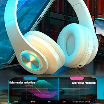 Over Ear Kids Bluetooth Headphones, Colorful LED Lights Headphones with Built-in Mic, Wired & Wireless Lightweight Foldable HiFi Stereo Headset for Gift, Tablet, Adult, Game(White) | Colorful LED Bluetooth Over-Ear Headphones White, HiFi Stereo with Mic,