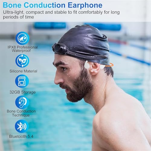 Bone Conduction Headphones IPX8 Waterproof 32GB Bluetooth 5.3 Wireless Headset with Microphone for Swim (White) - color: White