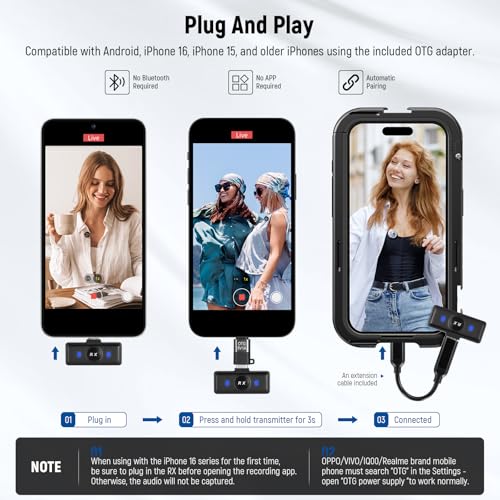NEEWER Wireless Lavalier Microphone System Compatible with iPhone Android Phone PC Laptop Computer, Noise Cancelling Mini Lapel Mic Set with USB C OTG Charging Case 24H Battery 200m Long Range, KM18
