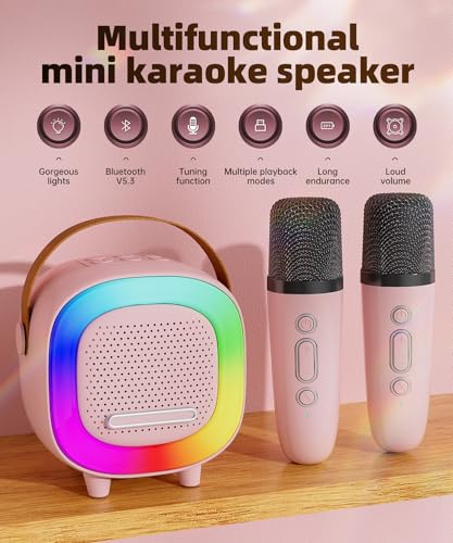 Kids Karaoke Machine Toy Ages 3-12, Mini 2 Wireless Mics Bluetooth Speaker | LED Party Lights, Voice Changer, Duets, BT 5.3, Rechargeable Portable, Christmas Birthday Gifts for Toddler Boys & Girls - color: Pink - 2 Mics