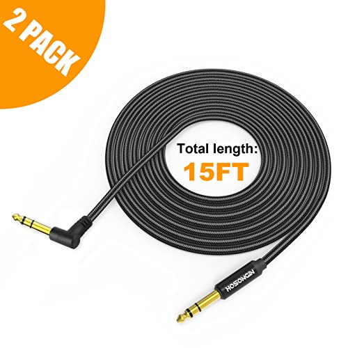 HOSONGIN 1/4 Inch TRS Instrument Cable 15 feet 2-Pack, Straight-to-Right Angle 6.35mm Male Stereo Audio Cord, Balanced Interconnect Line for Electric Guitar, Bass, Keyboard, Mixer, Amplifier, Speaker - size: 15 Feet, style: 1/4" TRS Stereo Cable