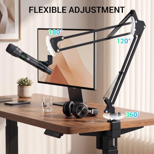 Mic Boom Arm, 1/4 3/8 5/8" Low Profile Microphone Stand, Cable Management | 360° Rotatable, Desk Mount Clamp, Heavy Duty Metal Black, Spring Damping, Streaming, Gaming, Recording, Podcasting, Studio
