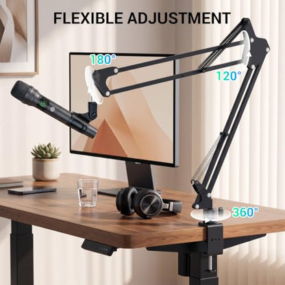 Mic Boom Arm, 1/4 3/8 5/8" Low Profile Microphone Stand, Cable Management | 360° Rotatable, Desk Mount Clamp, Heavy Duty Metal Black, Spring Damping, Streaming, Gaming, Recording, Podcasting, Studio