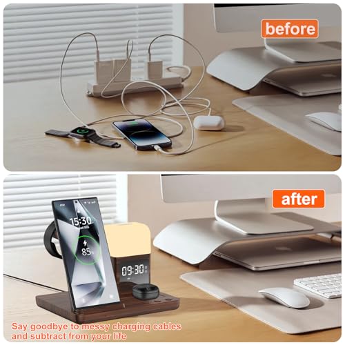 Wireless Charger for Samsung/Android Charging Station, 6 in 1 Fast Watch Charger with Alarm Clock-Night Light, Compatible for Galaxy S25 Ultra/S24, Only for Samsung Watch8/7, Galaxy Buds3 Pro(Walnut) - color: Walnut