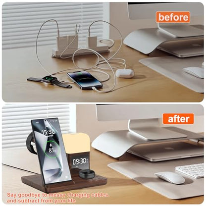 Wireless Charger for Samsung/Android Charging Station, 6 in 1 Fast Watch Charger with Alarm Clock-Night Light, Compatible for Galaxy S25 Ultra/S24, Only for Samsung Watch8/7, Galaxy Buds3 Pro(Walnut) - color: Walnut