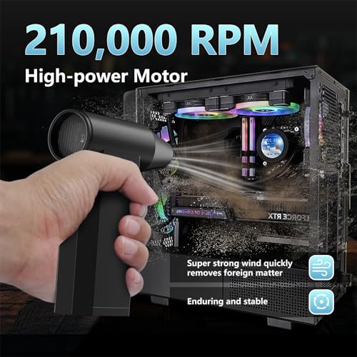 Compressed Air Duster and Vacuum, 2 in 1 4-Gear Dust Blower, Mini | 210,000RPM, Electric, Cordless, Pc, Keyboard, Car, Home, Fast Charging, Replaces Canned Air, 2 Nozzles and Brushes, Black
