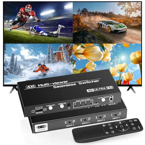 HDMI Multiviewer Switch 4x1 Seamless Switcher Quad Multi Viewer 4 in 1 Out Switcher with IR Remote 3.5mm Audio Output Support 4K@30Hz 1080P@60Hz Upgrade 10 Viewing Modes for Security Camera, Meeting