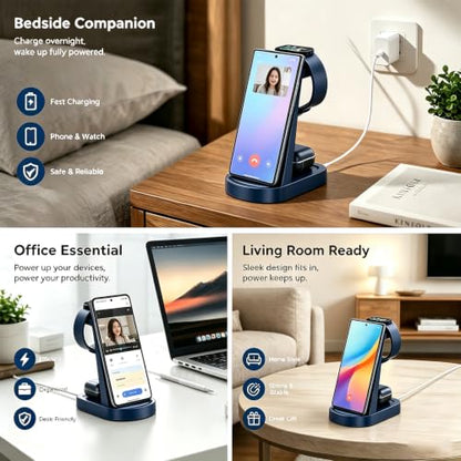 Wireless Charging Station for Samsung/Android, Fast Wireless Watch Charger Station Compatible for Samsung Galaxy S26 Ultra/S25/S24+/Z Flip 7/6 Fold 7/6, Watch8/7/Pro/Active 2 Galaxy Buds3/2 Pro(Blue) - color: Blue