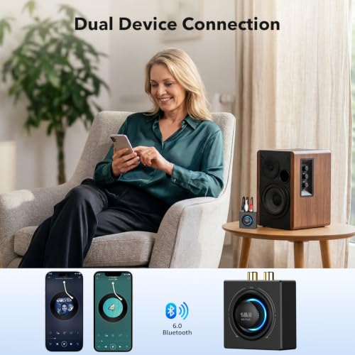1Mii B06T3 Bluetooth 6.0 Receiver for Home Stereo, RCA & 3.5mm AUX Jack | Wireless Audio Adapter with Knob Volume Control, for Wired Speakers, Old Speakers, Home Audio Music Streaming Stereo System