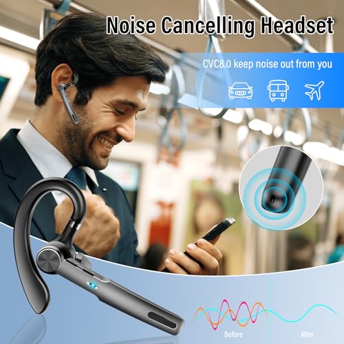 Bluetooth Headset, 2026 Wireless Bluetooth 5.3 Earpiece, 60Hrs Single-Ear Headset with Mute Button, Dual Noise Cancelling Mics, IP7 Waterproof Hands Free Headphone for Trucker, Business, Gray Black