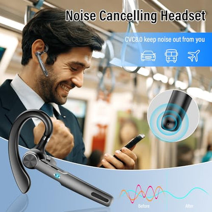 Bluetooth Headset, 2026 Wireless Bluetooth 5.3 Earpiece, 60Hrs Single-Ear Headset with Mute Button, Dual Noise Cancelling Mics, IP7 Waterproof Hands Free Headphone for Trucker, Business, Gray Black