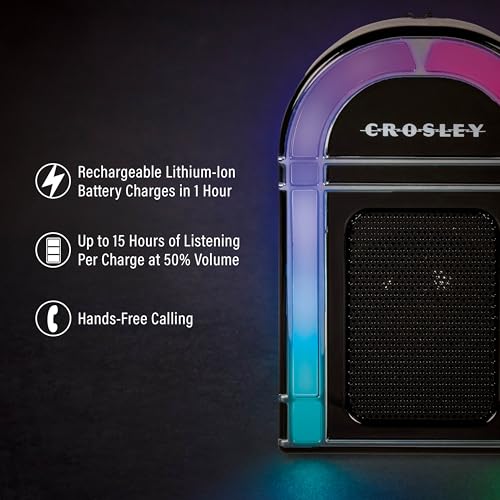 Crosley CR3046A-BK Mini Jukebox Portable Bluetooth Speaker, Black | Bluetooth In, 5 Color-Changing Light Modes, LED Lights Sync with Music, Rechargeable Lithium-Ion Battery - color: Black