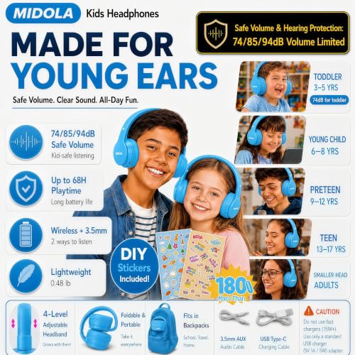 Kids Bluetooth Headphones Wireless 68 Hours,Safe Volume Limit 85/94dB Blue | Adjustable Headband Foldable Over-Ear Lightweight Headsets for Toddler Girls Boys Tablet/iPad,HD Stereo,Built-in Mic - color: Blue