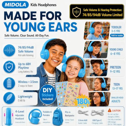 Kids Bluetooth Headphones Wireless 68 Hours,Safe Volume Limit 85/94dB Blue | Adjustable Headband Foldable Over-Ear Lightweight Headsets for Toddler Girls Boys Tablet/iPad,HD Stereo,Built-in Mic - color: Blue