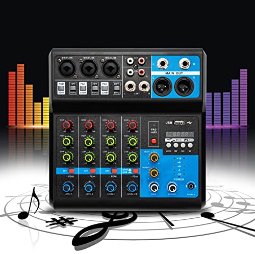 Professional Mini Audio DJ Mixer, 5 Channel Bluetooth Controller Sound Board Console System, USB Interface, 2 XLR Mic/Line, MP3 Player w/48V Phantom For Karaoke Stereo live Studio Streaming Recording