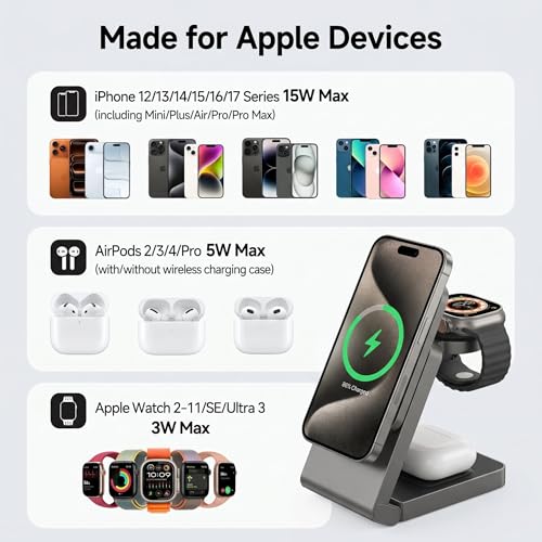 3 in 1 Charging Station for Apple, Wireless iPhone Charging Station for Multiple Devices, Foldable Magnetic Mag-Safe Charging Station for iPhone 17/16/15/14/13/12/pro/pro max,Apple Watch,AirPods