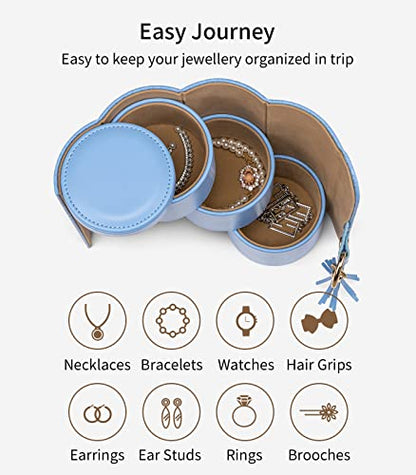 VLANDO Travel Jewelry Organizer, 3 Tier Roll Up Design, Hard Shell Storage | Stepped Sections Compartments Keep Jewelry Visible, Soft Lining Protect Pieces, Snap Closure, Travel Gift for Women Girl - color: Blue