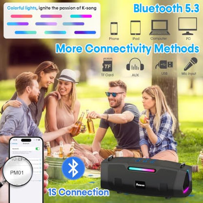 60W Clear Powerful Karaoke Machine: Portable 2 Wireless UHF Microphones | 6-12H Long Runtime Karaoke Speaker for All Home Party & Events 10s 5.3 Bluetooth Fast Pairing & 50ft Stable Connection