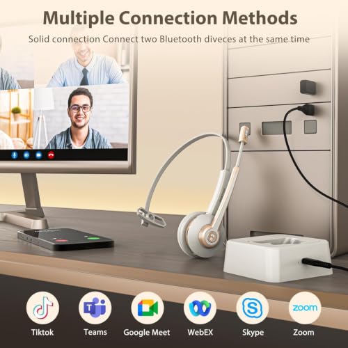 Wireless Headset with Mic, Bluetooth Headset with Microphone V5.2 with AI Noise Canceling & USB Dongle, Trucker Bluetooth Headset with Charging Base and Mute Function for Computer/Phone/Office/Skype