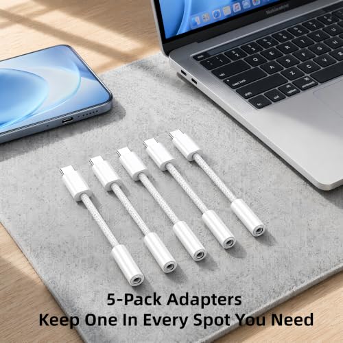 5 Pack USB C to Headphone Jack Adapter,USB c to 1/8 inch Audio Adapter Compatible with iPhone 17 16 15 Samsung Galaxy S25,S24,S23 Ultra, Note 20, iPad Pro, MacBook, Pixel XL and More
